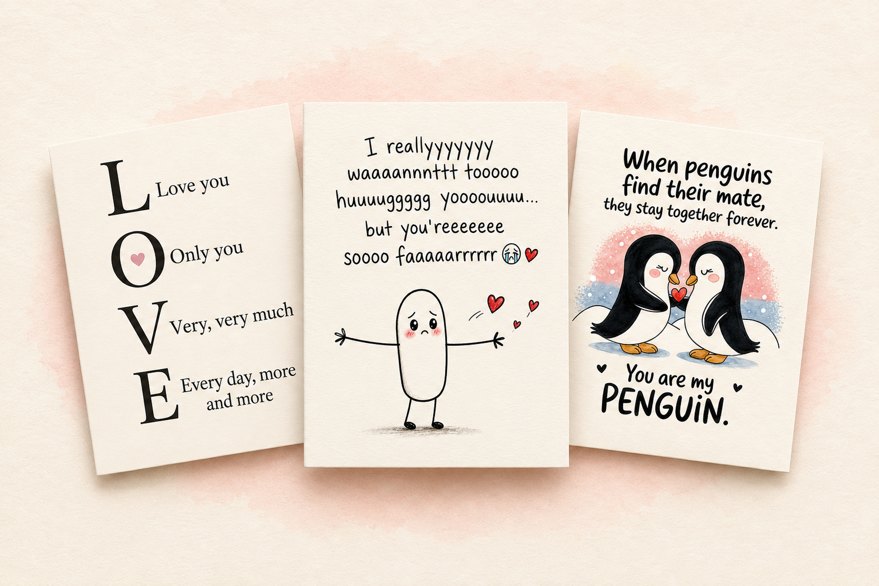 Three Passionate Love Messages greeting-card designs arranged on cream paper